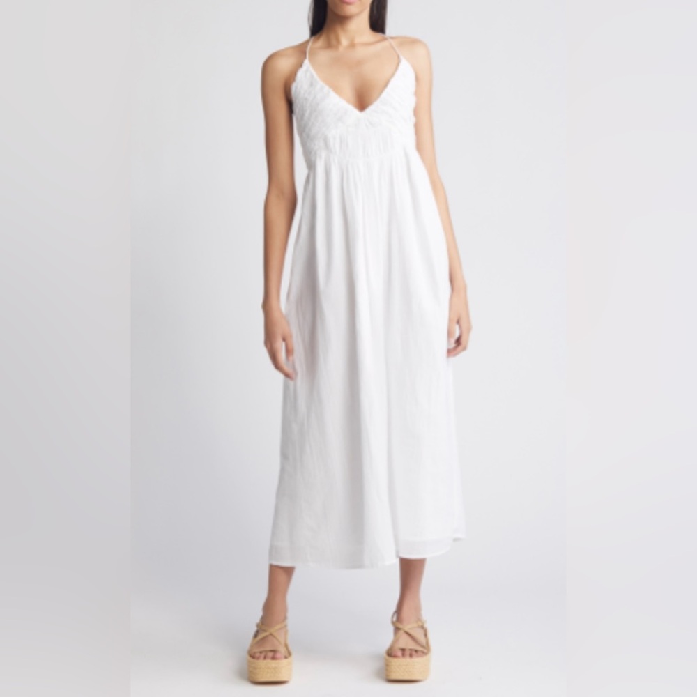Treasure & Bond Smocked Bodice Strappy Back Cotton Dress in white